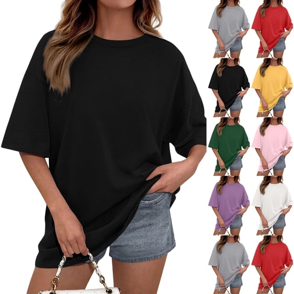 Women's Oversized Tshirts Crewneck Summer Short Sleeve Loose Fit Solid Color Basic Tees Casual Daily Wear Tops, #02 Black, XXL