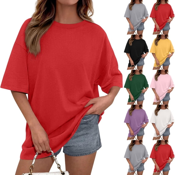 Women's Oversized Tshirts Crewneck Summer Short Sleeve Loose Fit Solid Color Basic Tees Casual Daily Wear Tops, #02 Red, L