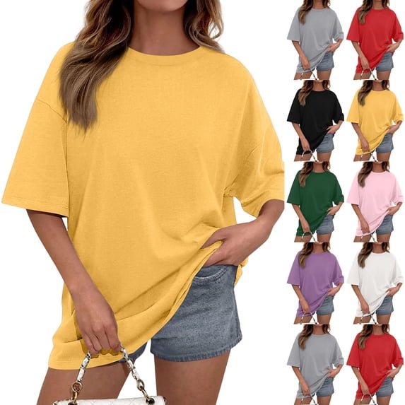 Women's Oversized Tshirts Crewneck Summer Short Sleeve Loose Fit Solid Color Basic Tees Casual Daily Wear Tops, #02 Yellow, M