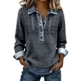 thumbnail image 1 of Women's Oversized Tshirts Denim Knit Patchwork Button Up Pullover Long Sleeve Shirts for Women, 1 of 5
