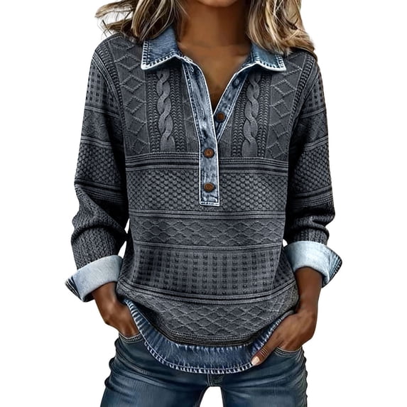 Women's Oversized Tshirts Denim Knit Patchwork Button Up Pullover Long Sleeve Shirts for Women