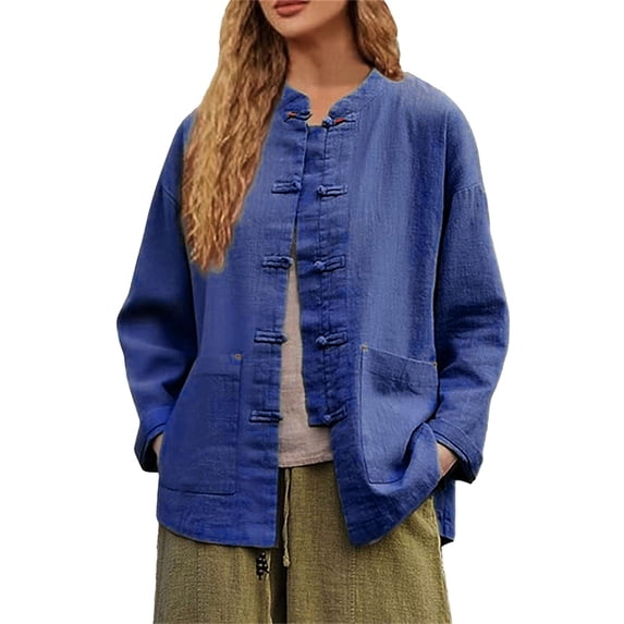 Women's Oversized Tshirts Mandarin Collar Frog Button Long Sleeve Top Long Sleeve Shirts for Women