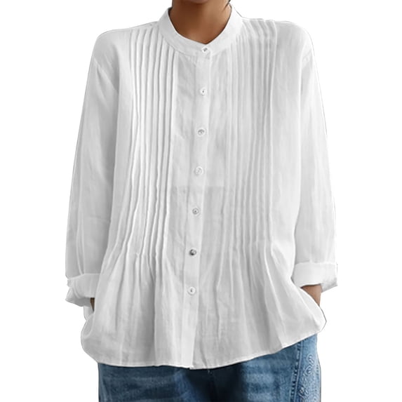 Women's Oversized Tshirts Retro Pleated Linen Like Regular Fit Shirt Long Sleeve Shirts for Women