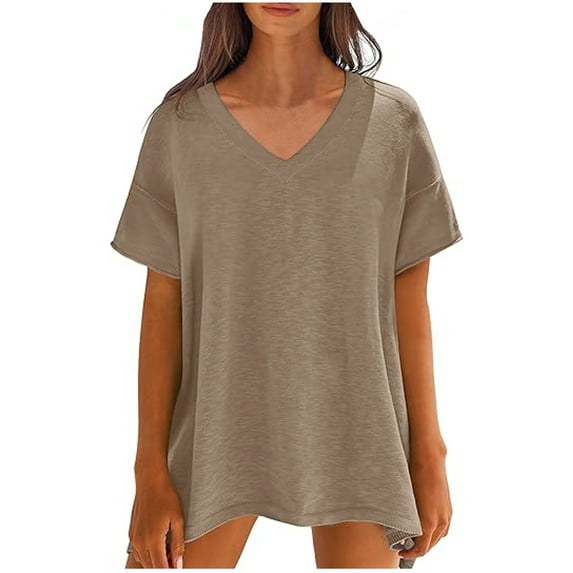 Women's Oversized Tshirts Short Sleeve V Neck Basic Tees Loose Fit Side Split Long Tops for Leggings (XL, Khaki)