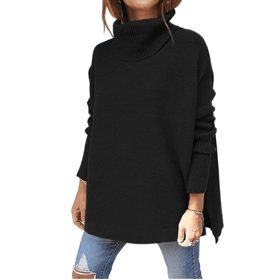 Women's Oversized Turtleneck Batwing Sleeve Spilt Casual Loose Knit Tunic Pullover Sweater Tops  Fall Outfits