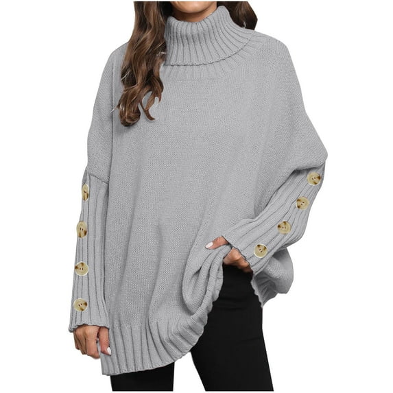 Women's Oversized Turtleneck Chunky Pullover Sweaters Cowl Neck Long Sleeve Fall Winter Slouchy Loose Knit Sweaters with Buttons Deco