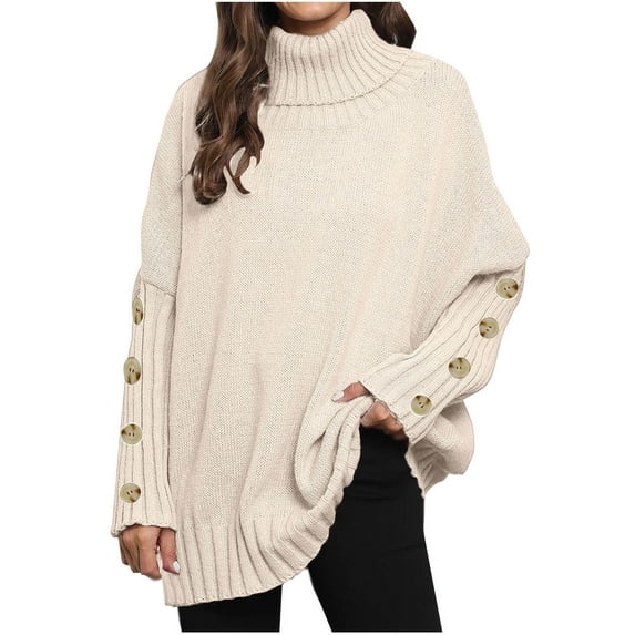 Women's Oversized Turtleneck Chunky Pullover Sweaters Cowl Neck Long Sleeve Fall Winter Slouchy Loose Knit Sweaters with Buttons Deco