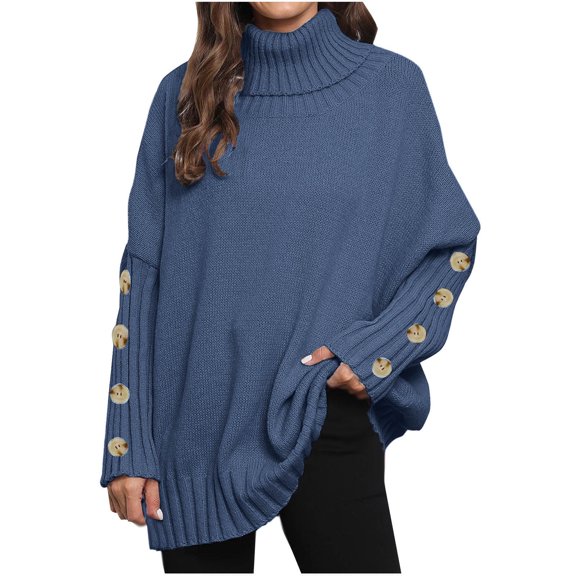 Women's Oversized Turtleneck Chunky Pullover Sweaters Cowl Neck Long Sleeve Fall Winter Slouchy Loose Knit Sweaters with Buttons Deco