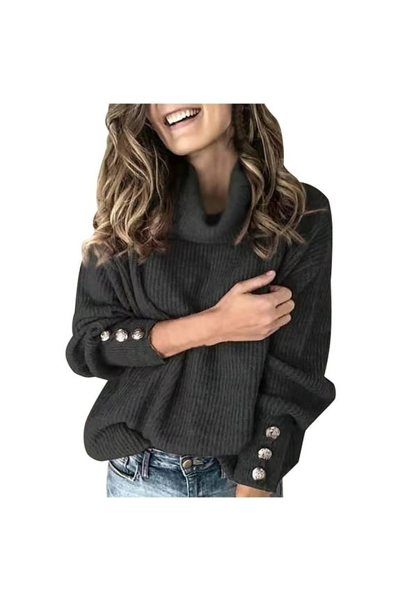Women's Oversized Turtleneck Chunky Pullover Sweaters Cowl Neck Long Sleeve Winter Slouchy Loose Knit Sweaters Button Cozy Ribbed Knit Pullover