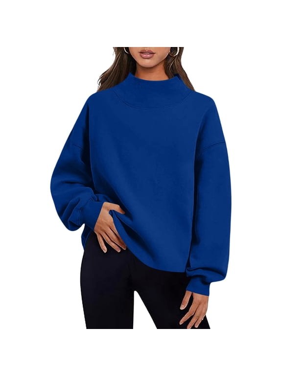 Women's Oversized Turtleneck Pullover Sweatshirt, Solid Blue Green Long Sleeve Casual Top, Loose Fitting Cozy Lounge Wear for Fall, Winter and Everyday Comfort Outfits