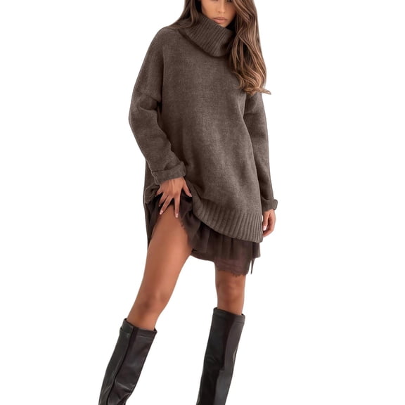 Women's Oversized Turtleneck Sweater and Mini Skirt Set, Layered Lace Trim Outfit, Casual Streetwear Suit, Loose Fit Two Piece Set, Fall Winter Spring Outfit Brown L