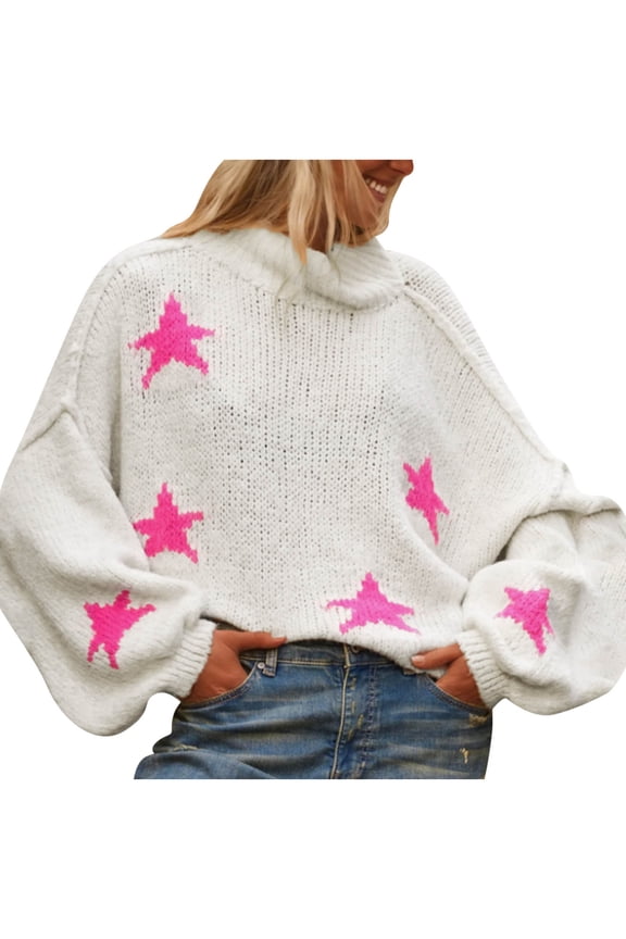 Women's Oversized Turtleneck Sweater Star Pattern Drop Shoulder Long Sleeve Knit Top Casual Pullover White S