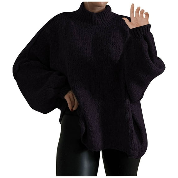 Women's Oversized Turtleneck Sweaters Casual Mock Neck Knitted Sweatshirt Winter Long Sleeve Cable Knit Pullover Top (Black M)