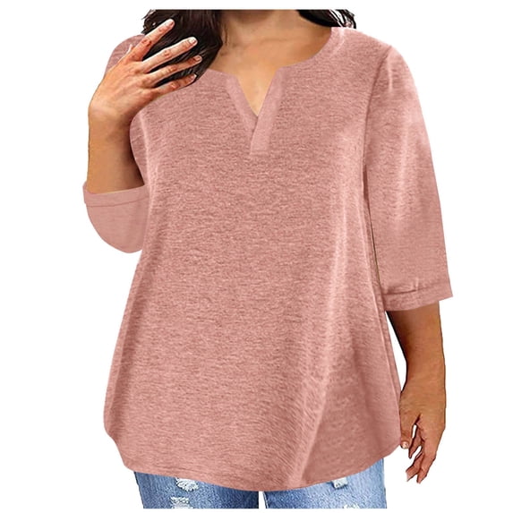Women's Oversized V-Neck 3/4 Sleeve Casual T-Shirt, Lightweight Polyester Blouse for Spring and Summer