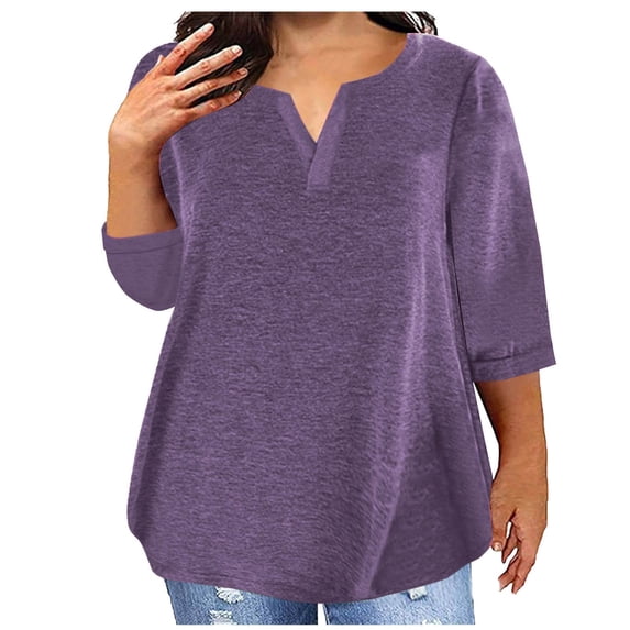 Women's Oversized V-Neck 3/4 Sleeve Casual T-Shirt, Lightweight Polyester Blouse for Spring and Summer
