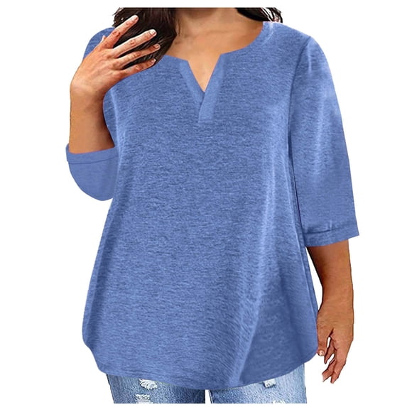Women's Oversized V-Neck 3/4 Sleeve Casual T-Shirt, Lightweight Polyester Blouse for Spring and Summer