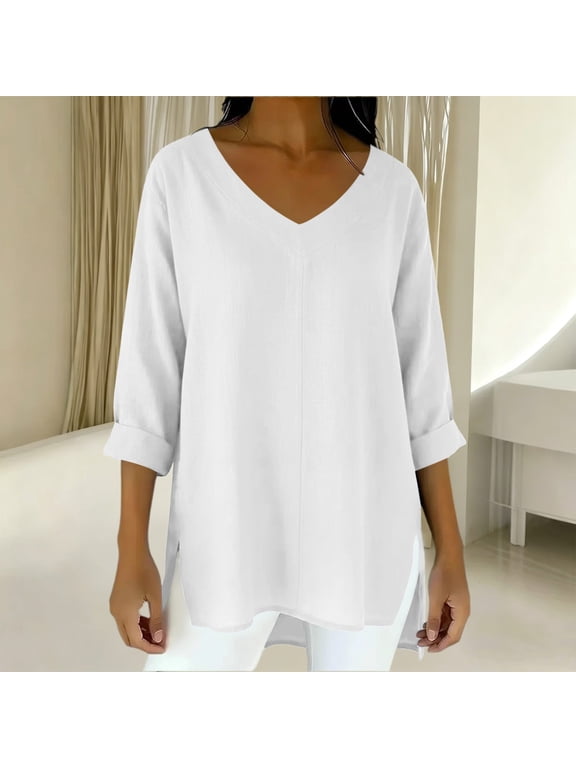 Women's Oversized V Neck 3/4 Sleeve Linen Tops Side Split High Low Hem Loose Flowy Breathable Casual Daily Shirts White S