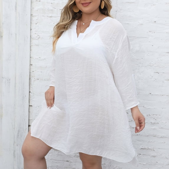 Women's Oversized V Neck 3/4 Sleeve Swimsuit Cover Up Flowy Loose Casual Beach Dress Swimsuit Cover up White One Size