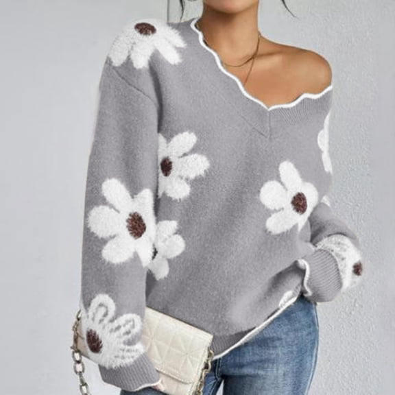 Women's Oversized V Neck Fuzzy Sweaters 2025 Casual Loose Long Sleeve Knit Pullover Jumper Tops Gray L