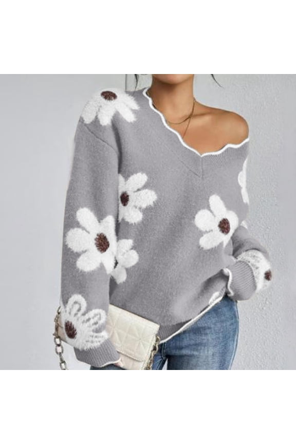Women's Oversized V Neck Fuzzy Sweaters 2025 Casual Loose Long Sleeve Knit Pullover Jumper Tops Gray L