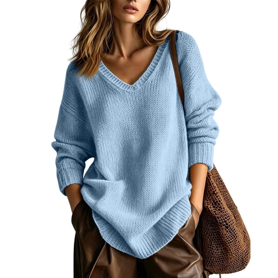 Women's Oversized V Neck Knit Sweater, Loose Slouchy Long Sleeve Pullover Fall Winter Tops L