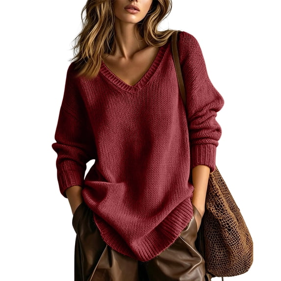 Women's Oversized V Neck Knit Sweater, Loose Slouchy Long Sleeve Pullover Fall Winter Tops L