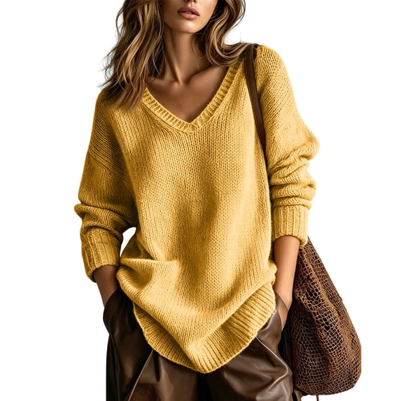 Women's Oversized V Neck Knit Sweater, Loose Slouchy Long Sleeve Pullover Fall Winter Tops L