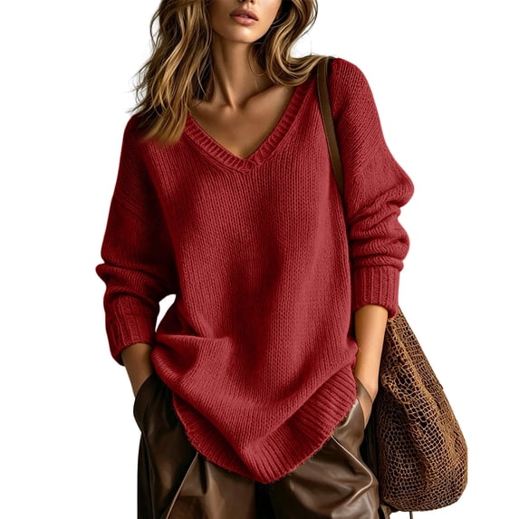 Women's Oversized V Neck Knit Sweater, Loose Slouchy Long Sleeve Pullover Fall Winter Tops L