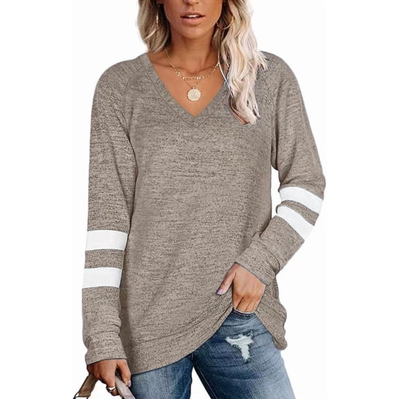 Women's Oversized V-Neck Long Sleeve Top with White Stripe Sleeves Tunic Tops Loose Blouses Sweatshirts Pullover Soft Breathable Tunic Shirt for Fall/Winter Casual Wear