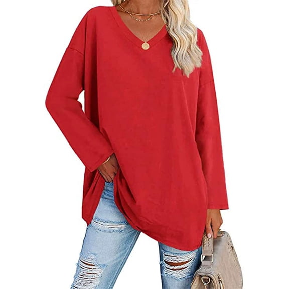 Women’s Oversized V-Neck Long Sleeve Tunic Top Loose Fit Solid Color Casual Blouse Comfy Pullover Fall Outfits Loose Fit T Shirt