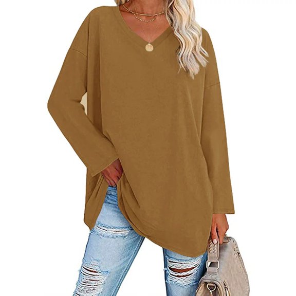 Women’s Oversized V-Neck Long Sleeve Tunic Top Loose Fit Solid Color Casual Blouse Comfy Pullover Fall Outfits Loose Fit T Shirt