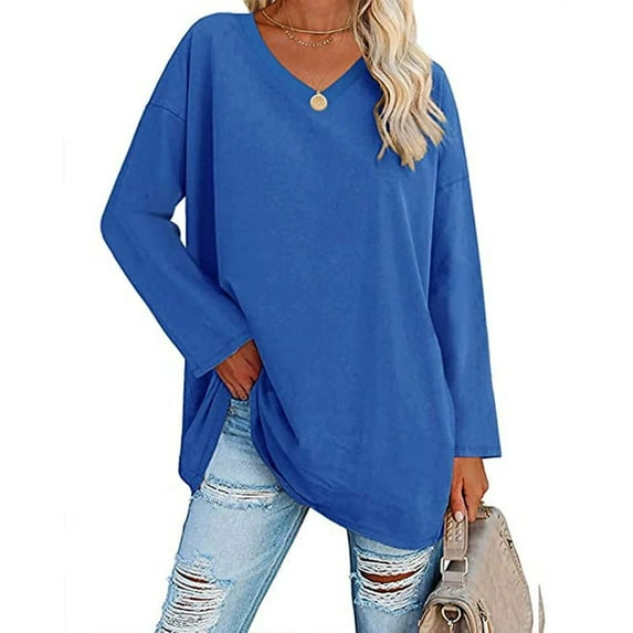 Women’s Oversized V-Neck Long Sleeve Tunic Top Loose Fit Solid Color Casual Blouse Comfy Pullover Fall Outfits Loose Fit T Shirt