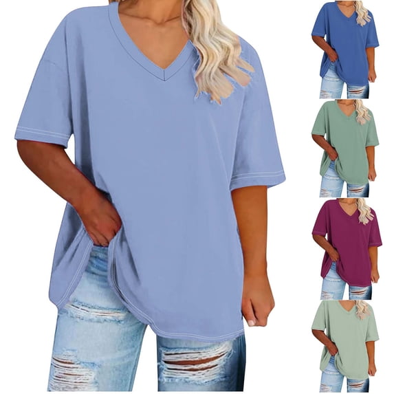Women's Oversized V Neck Short Sleeve Solid Color Summer Base Top Shirts T-Shirts Casual Daily Wear Loungewear Travel Fashion Essential Gift for Women | CSEONE,Purple L