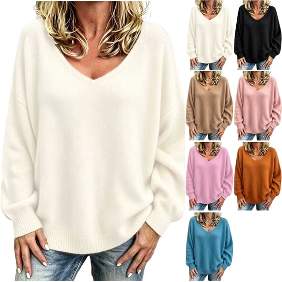 Women's Oversized V Neck Sweater Cozy Drop Shoulder Long Sleeve Slouchy Knit Pullover Tops for Casual Fall Going Out Daily Wear, Beige, XXXL