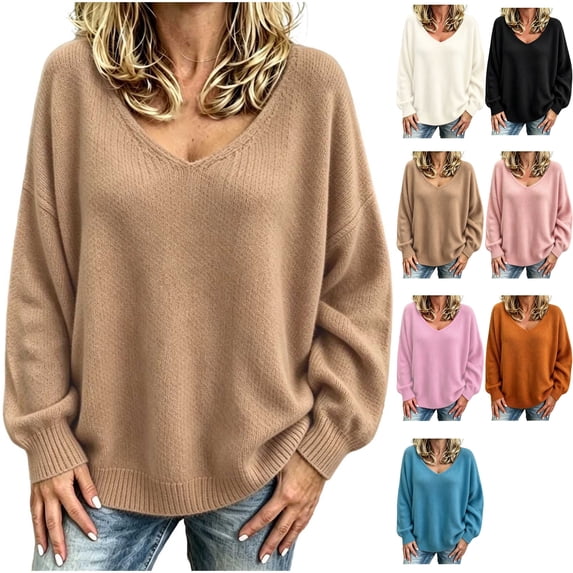 Women's Oversized V Neck Sweater Cozy Drop Shoulder Long Sleeve Slouchy Knit Pullover Tops for Casual Fall Going Out Daily Wear, Khaki, XL