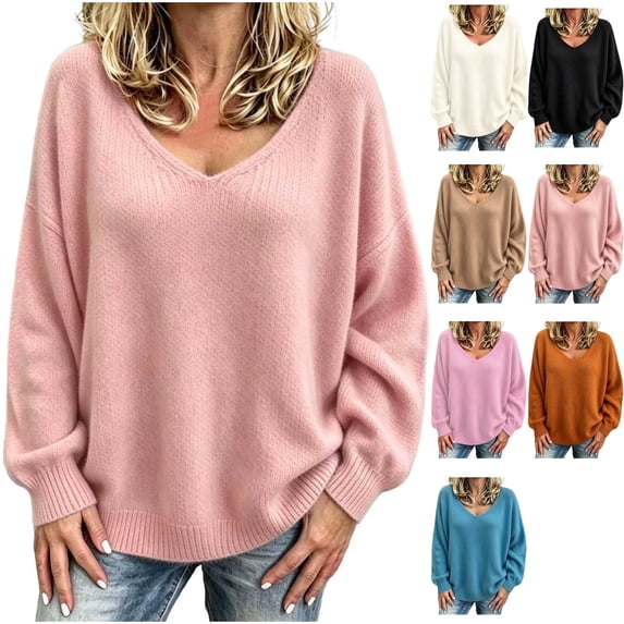 Women's Oversized V Neck Sweater Cozy Drop Shoulder Long Sleeve Slouchy Knit Pullover Tops for Casual Fall Going Out Daily Wear, Pink, L