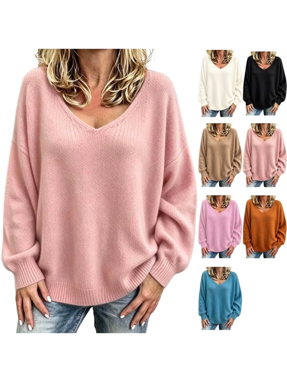 Women's Oversized V Neck Sweater Cozy Drop Shoulder Long Sleeve Slouchy Knit Pullover Tops for Casual Fall Going Out Daily Wear, Pink, L