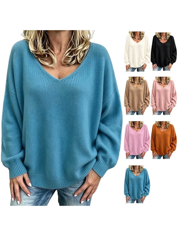 Women's Oversized V Neck Sweater Cozy Drop Shoulder Long Sleeve Slouchy Knit Pullover Tops for Casual Fall Going Out Daily Wear, Sky Blue, L