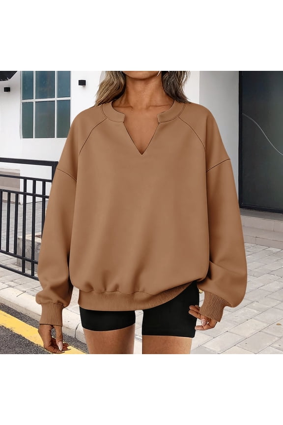 Women's Oversized V Neck Sweatshirt, French Terry Long Sleeve Pullover Top, Casual Loose Fit Loungewear for Fall, Soft Comfortable Athletic Style Shirt for Women, Relaxed Fit Everyday Wear Coffee