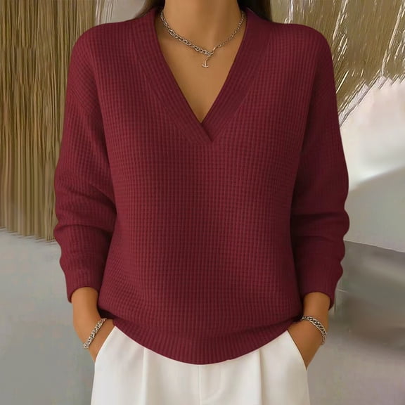 Women's Oversized V Neck Waffle Texture Sweatshirt, Drop Shoulder Long Sleeve Pullover, Cozy Casual Loose Fit Top for Fall, Loungewear, and Daily Wear Wine L