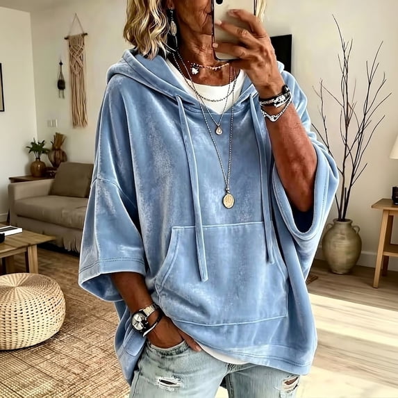 Women's Oversized Velvet Hooded Poncho Sweater 3/4 Batwing Sleeve Solid Hoodie Pullover Top Winter Clothes with Pocket Light Blue S