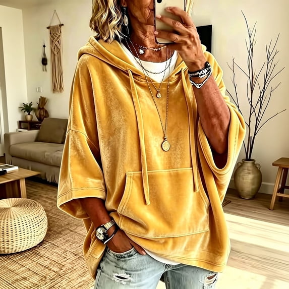 Women's Oversized Velvet Hooded Poncho Sweater 3/4 Batwing Sleeve Solid Hoodie Pullover Top Winter Clothes with Pocket Yellow M