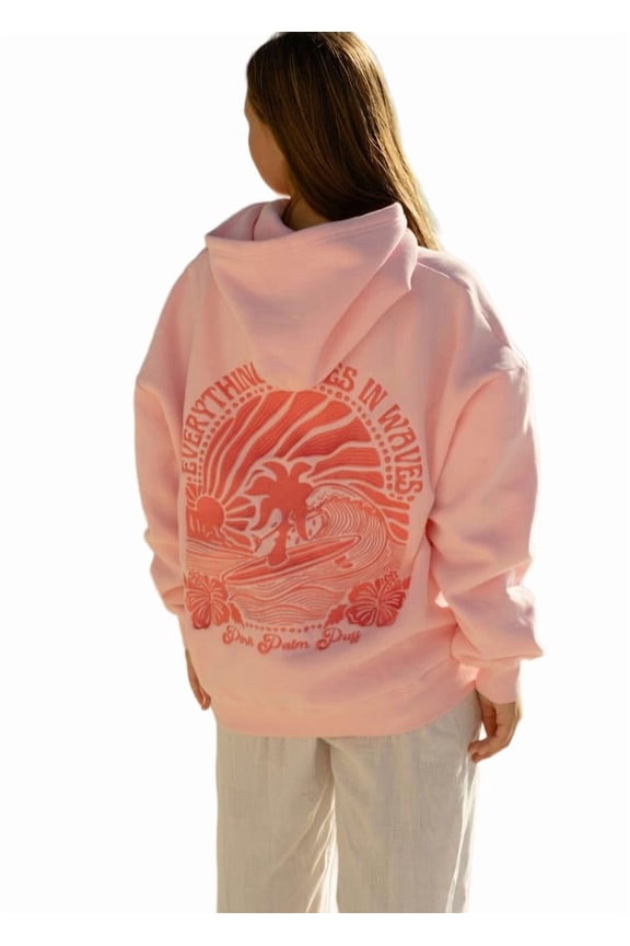 Womens Oversized Vintage Fleece Floral&Plam Embroidery Hoodie Cute Y2K Pullover Pink, S
