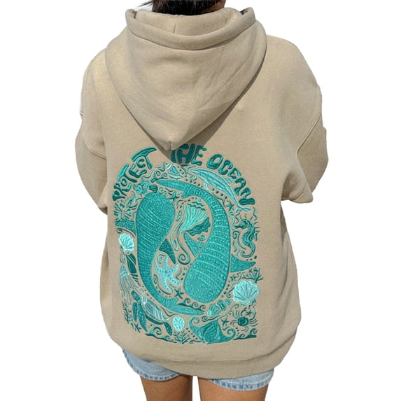 Women’s Oversized Vintage Protect the Ocean Graphic Embroidery Hoodie Preppy Sweatshirt for Teens