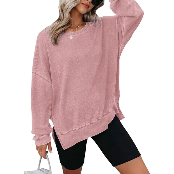Women's Oversized Waffle Knit Crewneck Sweatshirt Long Sleeve Side Slits Casual Pullover Top