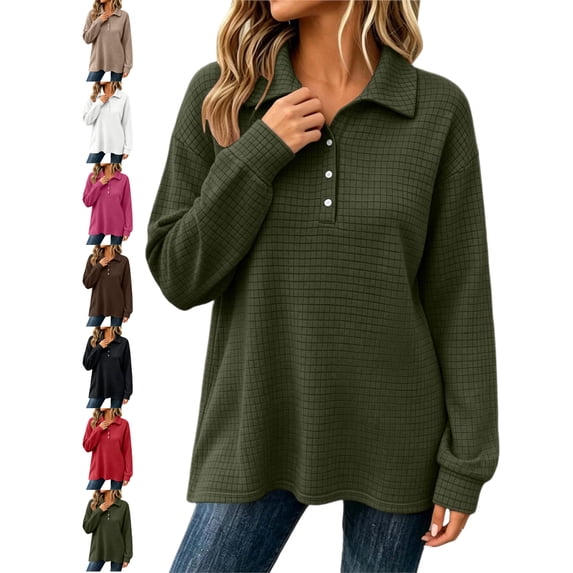 Women's Oversized Waffle Knit Sweatshirt Lapel Button Collar Long Sleeve Loose Basic Casual Everyday Top