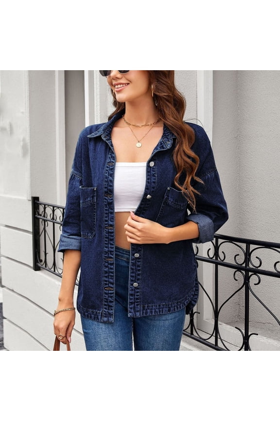 Women's Oversized Wash Denim Shirt Jacket Loose Button up Jean Shacket with Pockets Streetwear Dark Blue XL