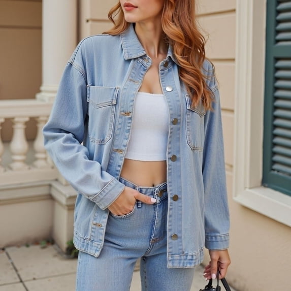 Women's Oversized Wash Denim Shirt Jacket Loose Button up Jean Shacket with Pockets Streetwear Light Blue XL