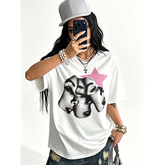 Women's Oversized White T-Shirt with Abstract Face Collage and Pink Star, Loose Fit Y2K Streetwear Tee Top