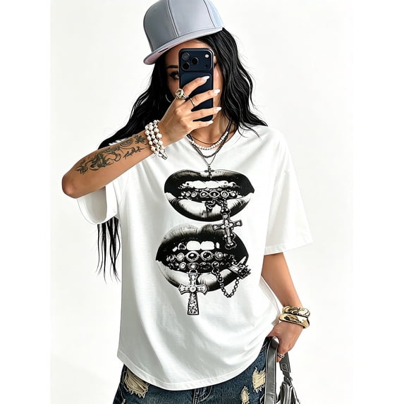 Women's Oversized White T-Shirt with Black Double Lips Graphic, Loose Fit Casual Tee Top
